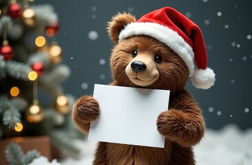 Teddy bear sitting near christmas tree and holding blank sheet of paper on turquoise background with bokeh. Copy space