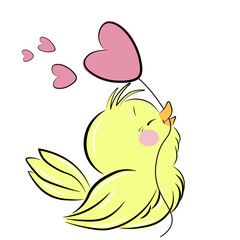 A yellow bird holds a heart in its beak