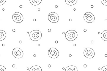 Minimalistic black and white seamless pattern featuring abstract circles with smaller circles inside and scattered dots. Ideal for childrens coloring pages, creative projects, and printable designs.