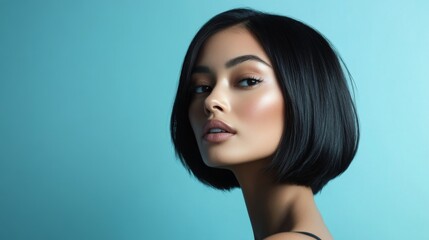 Naklejka premium Elegant Young Woman with Short Hair Against Soft Blue Background