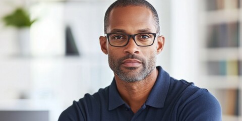 Obraz premium A confident man with glasses poses in a modern workspace. He wears a navy polo shirt. The atmosphere is calm and professional. Perfect for business themes. AI