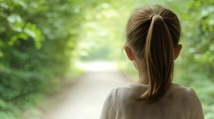 girl looking out at nature, back view - nature imagery