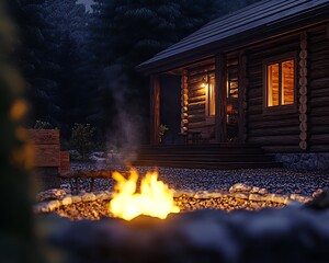 A log cabin in harmony with nature featuring natural wood textures and a glowing fire pit