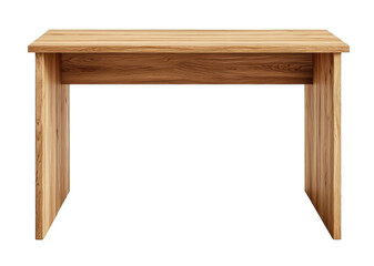A simple wooden desk is shown from the front, isolated on transparent background. Ideal for home offices or minimalist interior designs