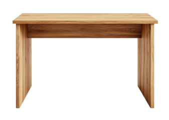 A simple wooden desk is shown from the front, isolated on transparent background. Ideal for home offices or minimalist interior designs