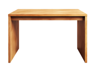 A simple wooden desk is shown from the front, isolated on transparent background. Ideal for home offices or minimalist interior designs