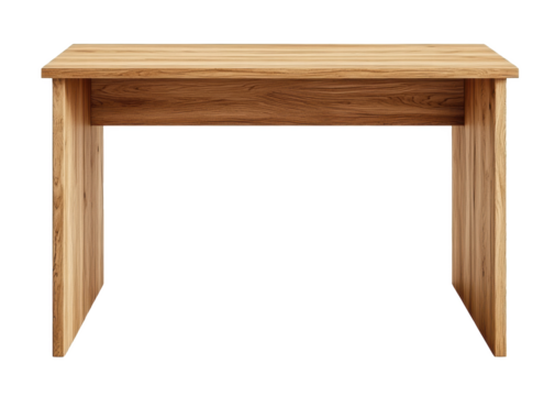 A simple wooden desk is shown from the front, isolated on transparent background. Ideal for home offices or minimalist interior designs