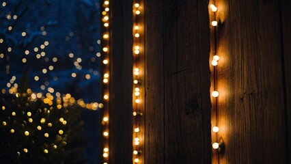 Obraz premium Cozy Winter Night Lights: Warm string lights illuminate a rustic wooden wall, creating a magical ambiance. Perfect for holiday cards, winter blogs, or cozy home decor. 