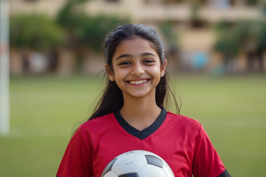 A smiling Indian schoolgirl in a red sports jersey holding a soccer ball on a school field