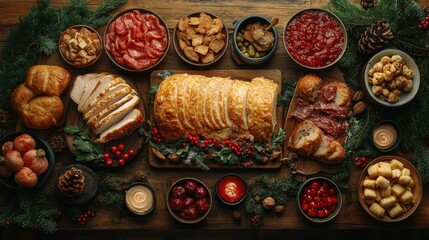 Overhead shot of a lavish Christmas dinner spread with roasted turkey, various side dishes, and festive decorations.