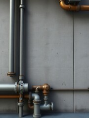 Industrial pipes against a grey textured concrete wall, urban architecture, heavy machinery, grey texture