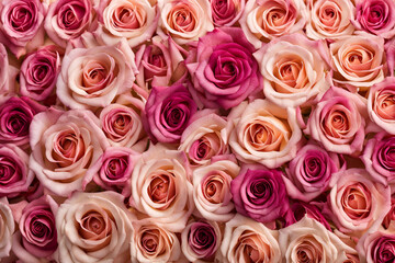 Vibrant Multicolored Roses Floral Background, A lush arrangement of multicolored roses in shades of white, peach, pink, and red, creating an elegant and romantic floral pattern