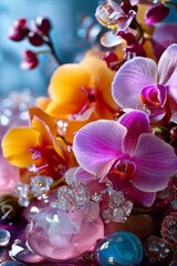 Stunning purple orchid with ice-filled glass, lemon, and vibrant spheres. Fresh and colorful composition ideal for floral, beverage, or wellness sectors.