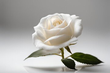 Elegant White Rose in Close-Up Against a Soft Background, A delicate white rose in full bloom, captured in a close-up against a soft, neutral background, symbolizing purity and elegance