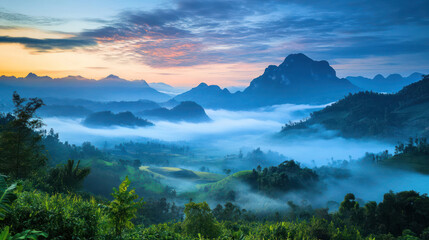 Fototapeta premium A serene mountain landscape at dawn, with mist rising and soft pastel colors
