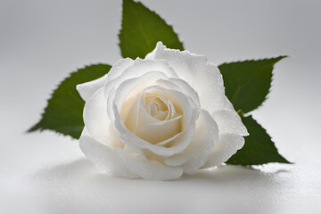 Elegant White Rose in Close-Up Against a Soft Background, A delicate white rose in full bloom, captured in a close-up against a soft, neutral background, symbolizing purity and elegance