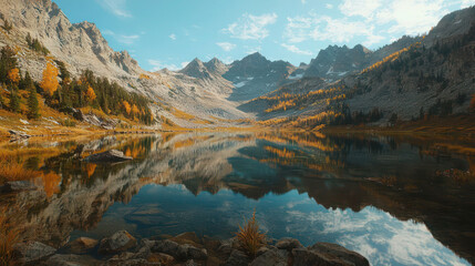 A serene mountain landscape reflected in a crystal-clear lake, surrounded by autumn foliage