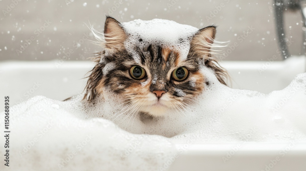 Poster adorable cat enjoying bath time with bubbles in a sink
