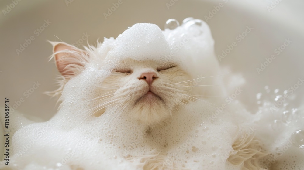 Poster cute cat relaxing in bubble bath with foam and blissful expression