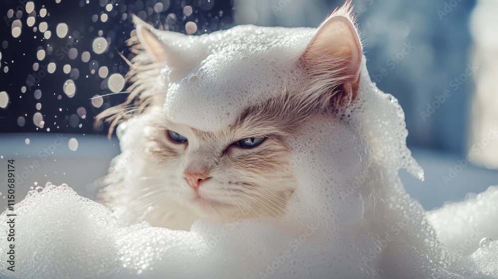 Poster Cat Relaxing in Bubbles with Soap Foam on Its Head and Face