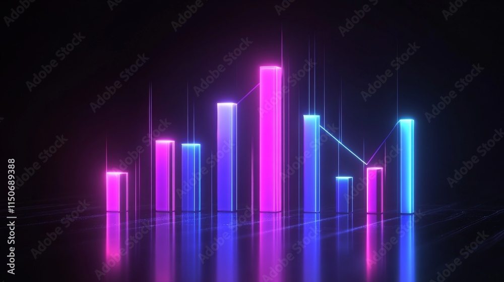 Aufkleber colorful neon bars reflecting on dark surface with dynamic data trends