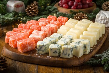 Holiday cheese platter highlighted with seasonal fruits and a choice assortment of charcuterie