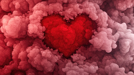 Fototapeta premium Red heart shape surrounded by soft pink and red clouds, symbolizing love and affection. vibrant colors create warm and inviting atmosphere, perfect for romantic themes