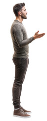 A side view of a man wearing a sweatshirt and brown pants, isolated over transparent background, PNG cut-out
