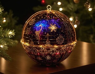 A decorative globe with vibrant lights reflecting holiday cheer and intricate designs.