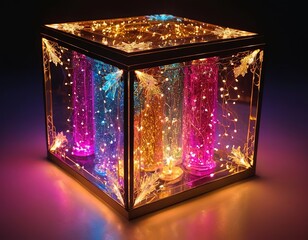 A mesmerizing illuminated display of colorful lights within a glass cube, creating a magical...