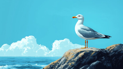 A seagull stands on a rock by the seaside, enjoying the fresh breeze and watching the waves.