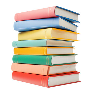 A stack of colorful hardcover books with simple designs and clean spines, isolated on transparent background