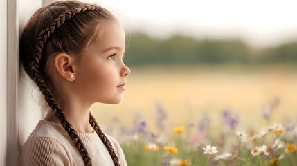 Naklejka premium girl with braids, summer meadow dream - soft focus
