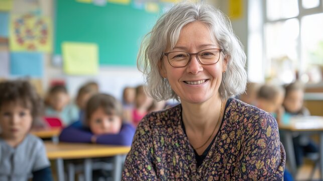Candid school class portrait of a female teacher in a classroom with copyspace