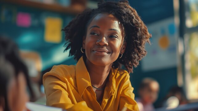 Candid school class portrait of a black female teacher in a classroom with copyspace