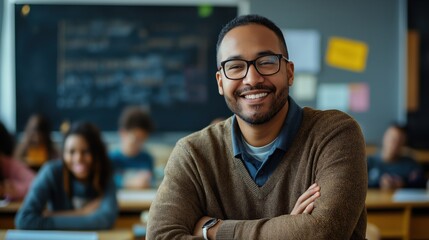 Fototapeta premium Candid school class portrait of a black male teacher in a classroom with copyspace