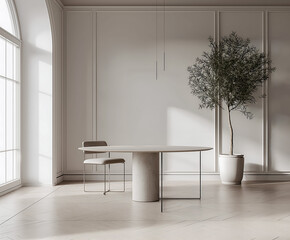 Aesthetic elegant minimalist modern interior design. Clear mock up empty wall for decoration in the apartment. Copy space in the room. Neutral palette of natural colors.