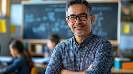 Candid school class portrait of a male teacher in a classroom with copyspace
