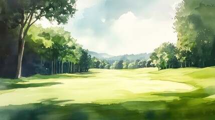 Obraz premium Serene watercolor landscape painting of a lush green golf course surrounded by trees under a partly cloudy sky.
