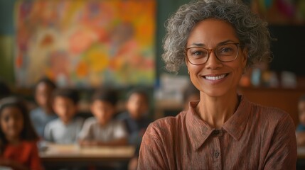 Obraz premium Candid school class portrait of a mature black female teacher in a classroom with copyspace