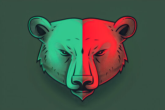 Bear with green and red eyes. The bear is looking at the camera, stock market concept