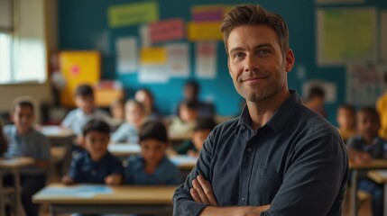 Fototapeta premium Candid school class portrait of a male teacher in a classroom with copyspace