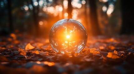 Fototapeta premium Glass Orb Reflecting Sunset In Autumn Woods
