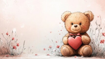 Fototapeta premium Bear with heart-shaped chocolate box on pink background with flowers and ribbons.