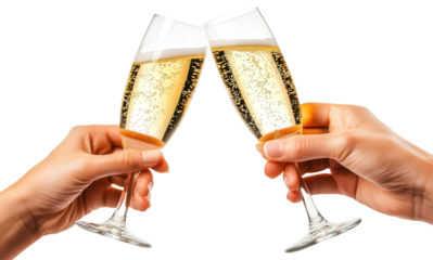 hands of two people holding and toasting a glass of champagne, sparkling wine to say cheers, isolated, transparent, png, background