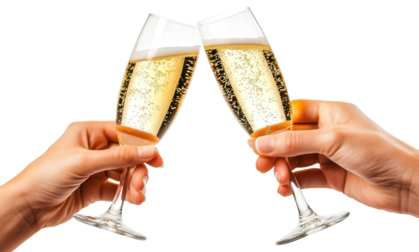 hands of two people holding and toasting a glass of champagne, sparkling wine to say cheers, isolated, transparent, png, background