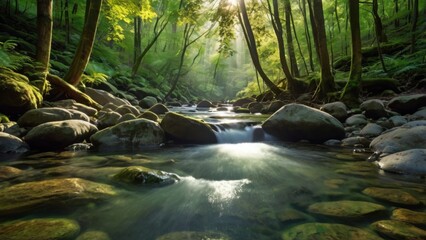 A serene forest scene with sunlight streaming through the dense green canopy, illuminating a crystal-clear stream flowing over smooth rocks. The vibrant greenery of the trees