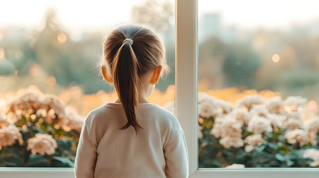 little girl looking out window, flowers - child portraits