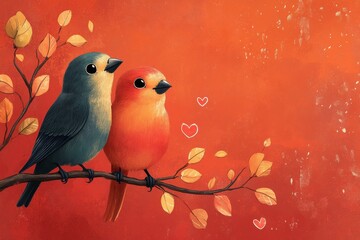 Cartoon lovebirds with heart-shaped leaves and ribbon on bright red background.

