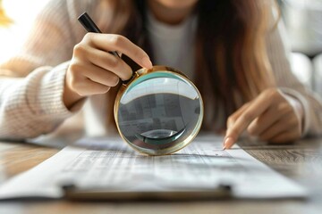 close-up photo of a female auditor inspecting financial documents at her desk using a magnifying glass.